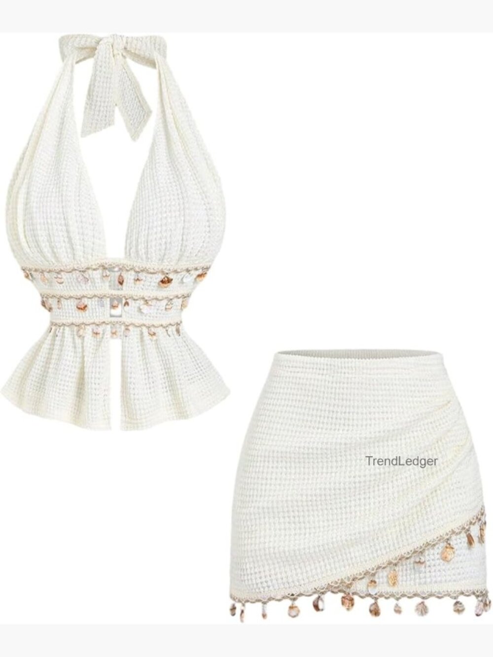 2 Piece Skirt Set Halter Crop Top Asymmetrical Wrap Skirt Shell Fringe Boho